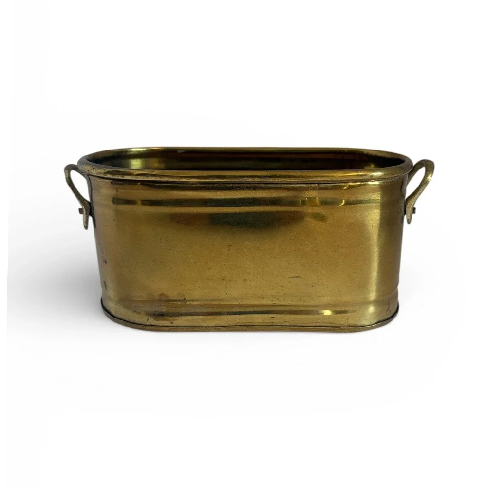 Vintage Brass Oval Planter Tub with Handles Small‎ Gold Cachepot 7 Inch